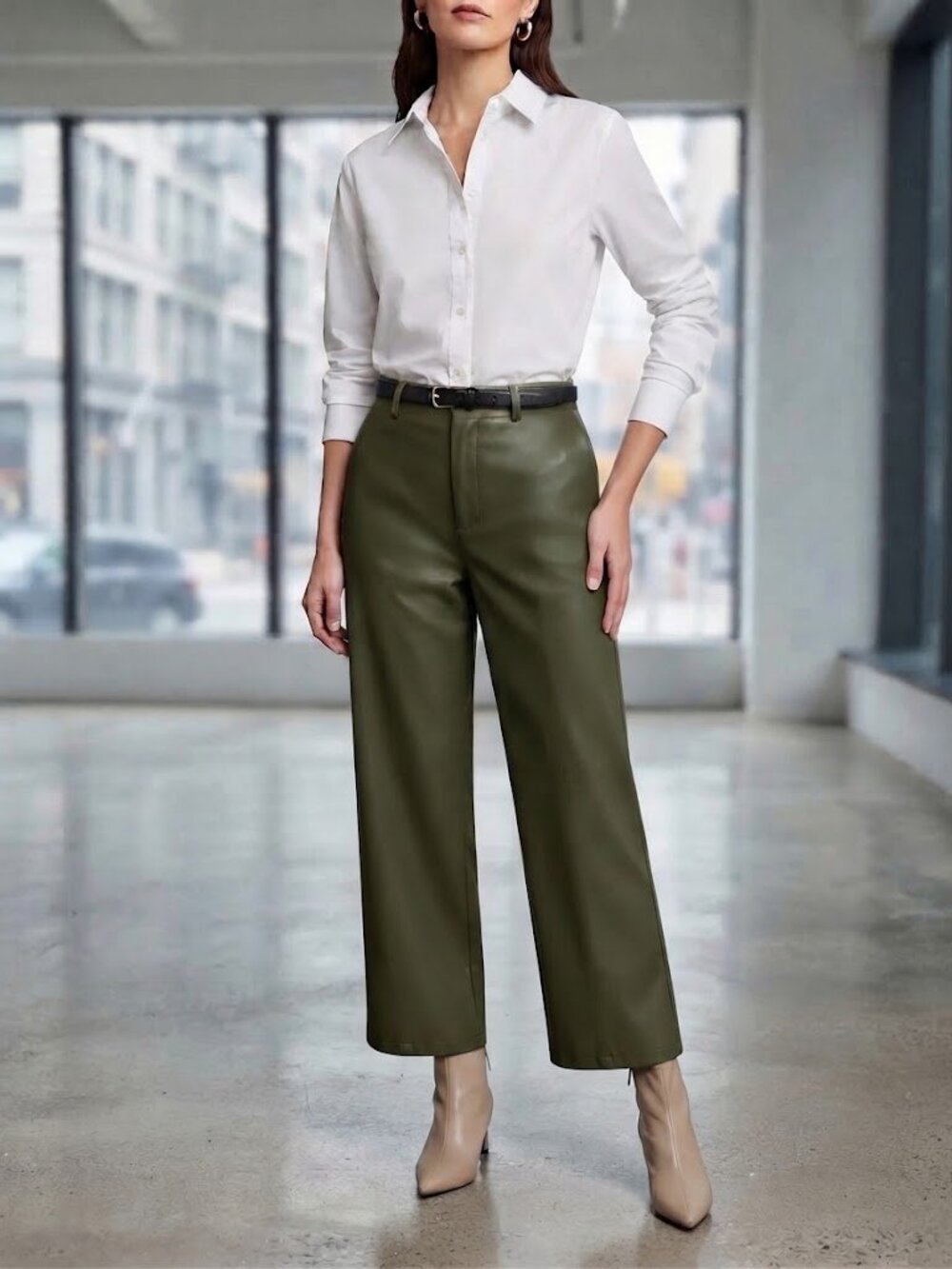 Avec Les Filles- Anthropologie Vegan Olive Leather Wide Leg Crop Pants Medium